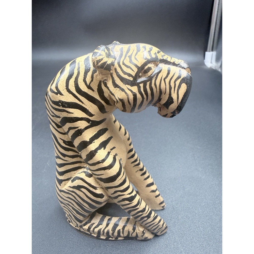 Vintage Hand Painted And Carved Wooden Striped Cat Art Deco Piece